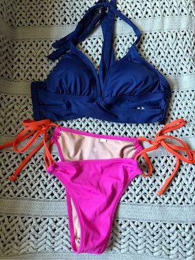 Shade & Shore Navy bikini and hot pink with orange string set